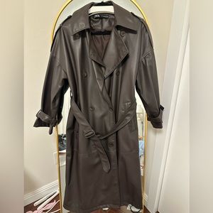 Zara brown fux leather trench coat size xs
